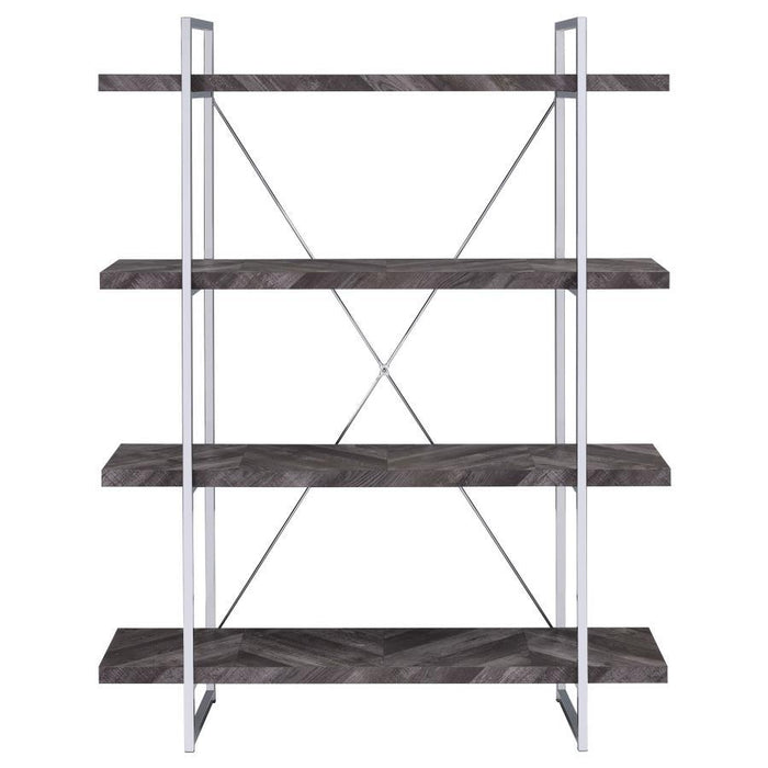 Grimma - 4-Shelf Bookshelf - Rustic Gray And Chrome - JaxCo Furniture