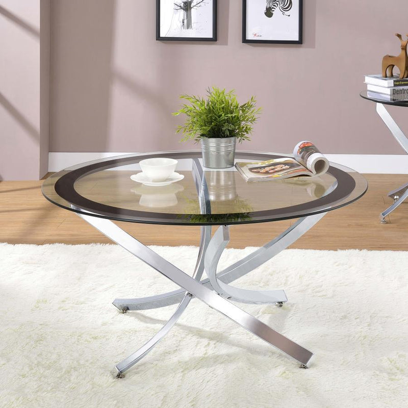 Brooke - Round Glass Top Coffee Table Metal Base - JaxCo Furniture