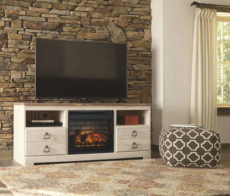 Willowton - Whitewash - 2 Pc. - 64" TV Stand with Faux Firebrick Fireplace Insert - JaxCo Furniture