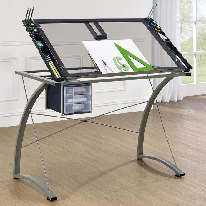 Melo - Glass Top Drafting Table With Storage - Silver - JaxCo Furniture