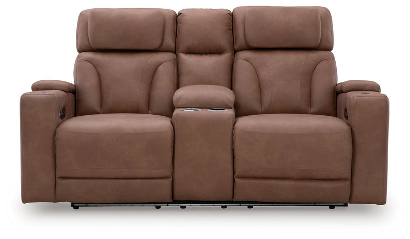 Clean-Slate - Caramel - Power Reclining Loveseat With Console / Adj Headrest - JaxCo Furniture