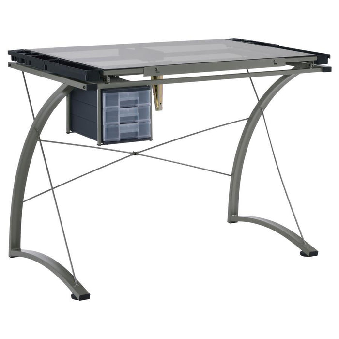 Melo - Glass Top Drafting Table With Storage - Silver - JaxCo Furniture