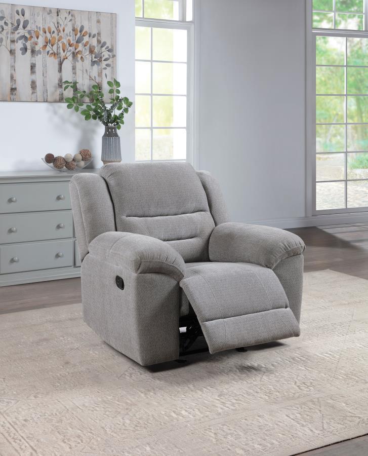 Gilson - Chenille Upholstered Reclining Glider Recliner - Gray - JaxCo Furniture