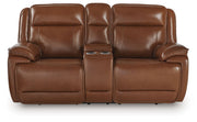 Healy Pier - Chocolate - Power Reclining Loveseat With Console / Adj Headrest - JaxCo Furniture