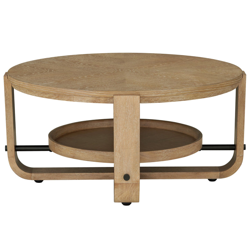 Escape - Cocktail Table Round With Shelf - Glazed Natural Oak / Black Metal Trim - JaxCo Furniture