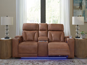 Clean-Slate - Caramel - Power Reclining Loveseat With Console / Adj Headrest - JaxCo Furniture