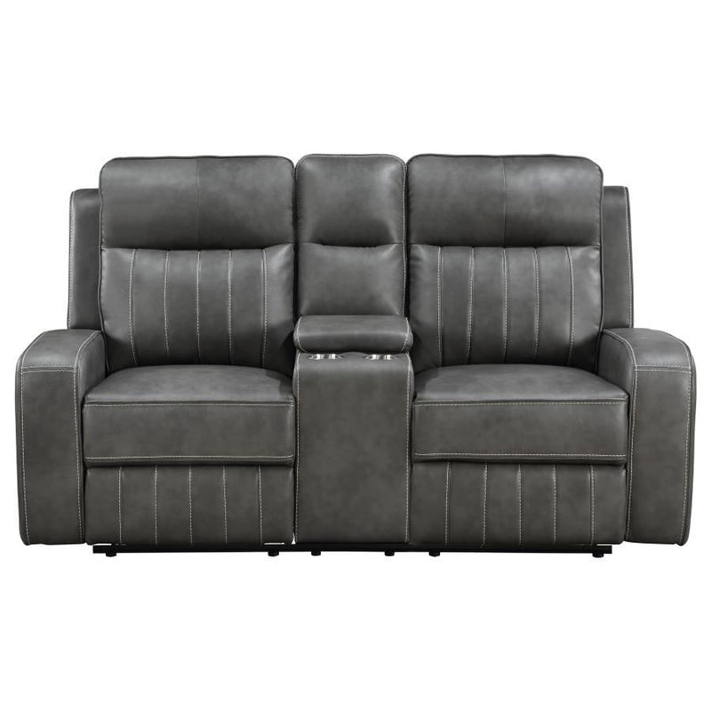 Raelynn - Upholstered Track Arm Motion Loveseat - Gray - JaxCo Furniture