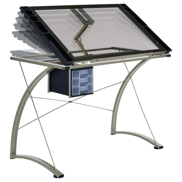 Melo - Glass Top Drafting Table With Storage - Silver - JaxCo Furniture