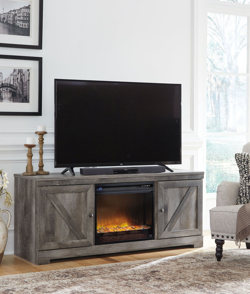 Wynnlow - Gray - 63" TV Stand With Glass/Stone Fireplace Insert - JaxCo Furniture