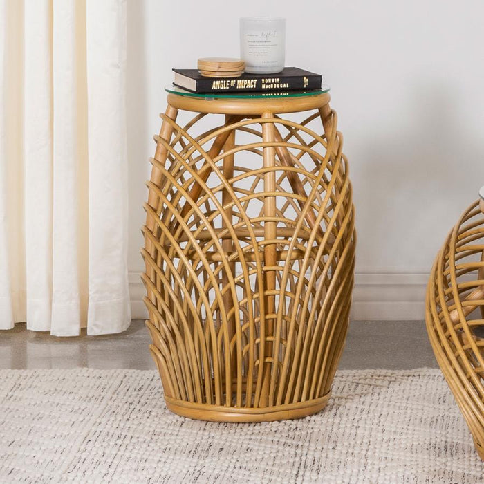 Dahlia - Round Glass Top Woven Rattan End Table - Natural - JaxCo Furniture