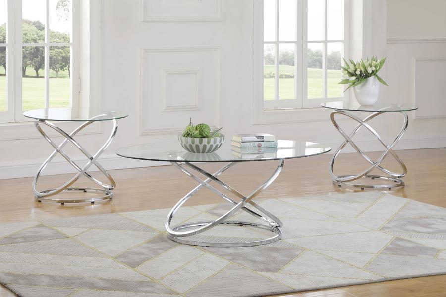 Warren - 3 Piece Oval Glass Top Coffee Table Set - Chrome - JaxCo Furniture