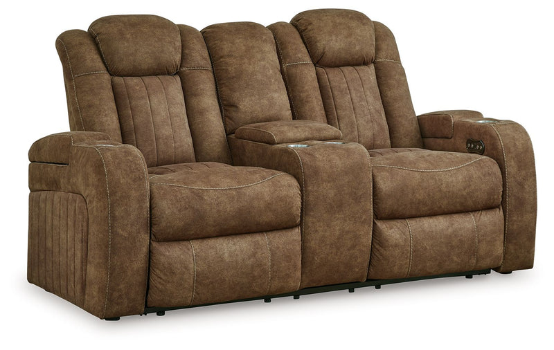Wolfridge - Brindle - Power Reclining Loveseat With Console /Adj Hdrst - JaxCo Furniture