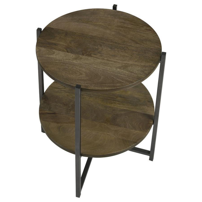 Axel - Round Accent Table With Open Shelf - Natural And Gunmetal - JaxCo Furniture