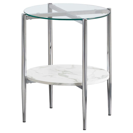 Cadee - Round Glass Top End Table - White And Chrome - JaxCo Furniture