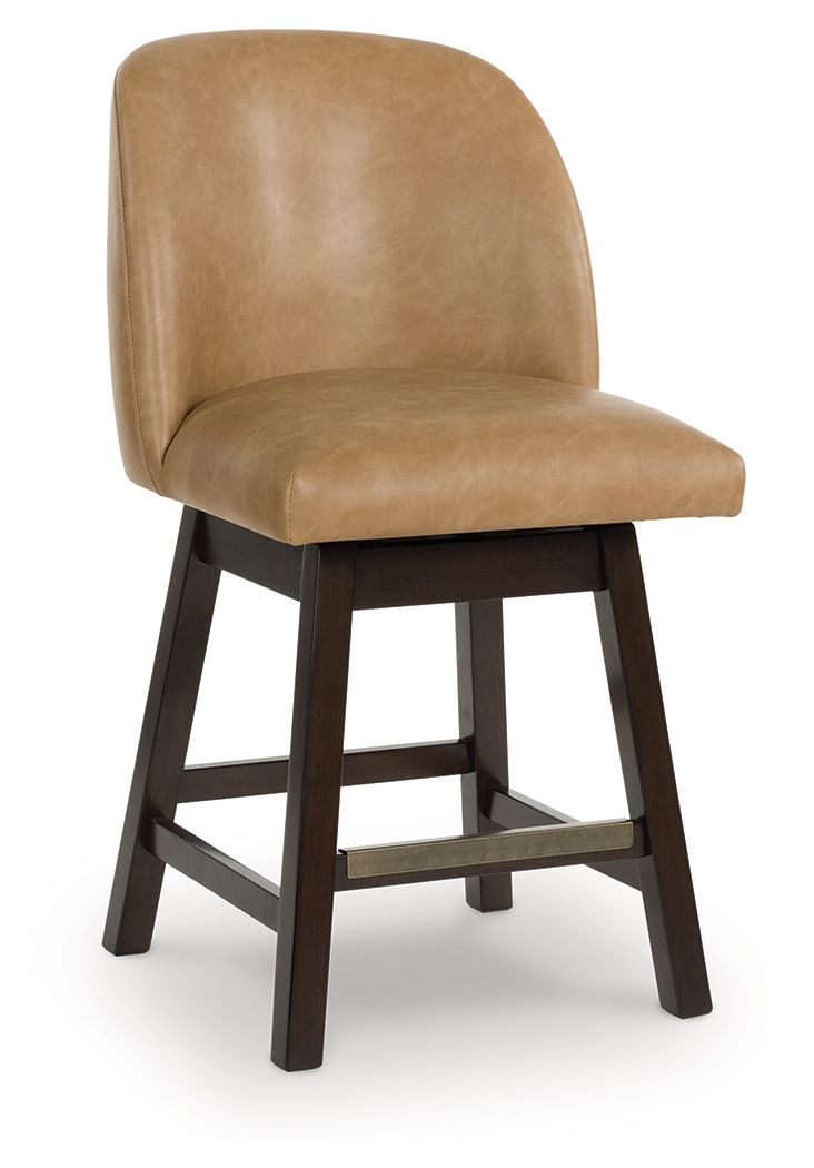 Neymorton - Dark Grayish Brown - Upholstered Swivel Faux Leather Barstool (Set of 2) - JaxCo Furniture