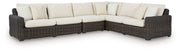 Kimora - Beige / Dark Brown - 7 Pc. - 4-Piece Outdoor Sectional, Swivel Glider Lounge, Cocktail Table, End Table - JaxCo Furniture