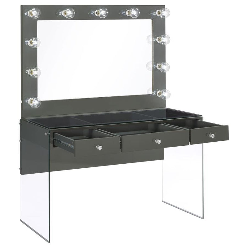 Afshan - 3-Drawer Vanity Set With Lighting - Gray High Gloss - JaxCo Furniture