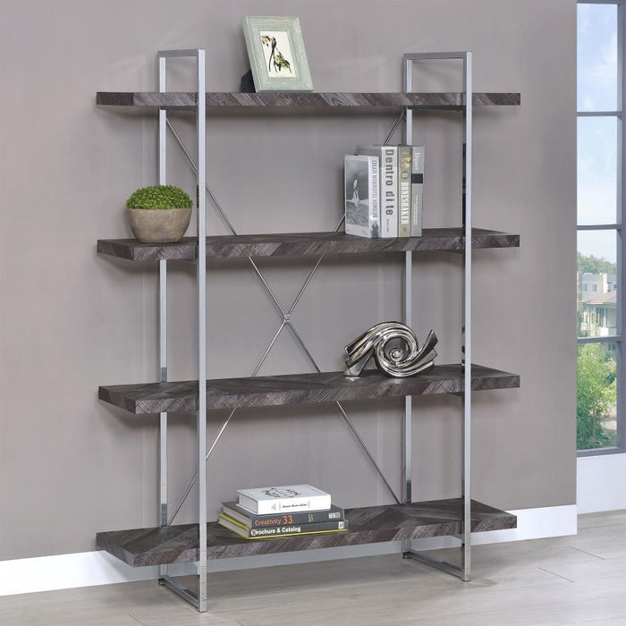 Grimma - 4-Shelf Bookshelf - Rustic Gray And Chrome - JaxCo Furniture