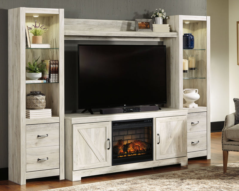 Bellaby - Whitewash - Entertainment Center - TV Stand With Faux Firebrick Fireplace Insert - JaxCo Furniture