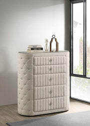 Sonya - 5-Drawer Upholstered Bedroom Chest Of Drawers - Ivory - JaxCo Furniture