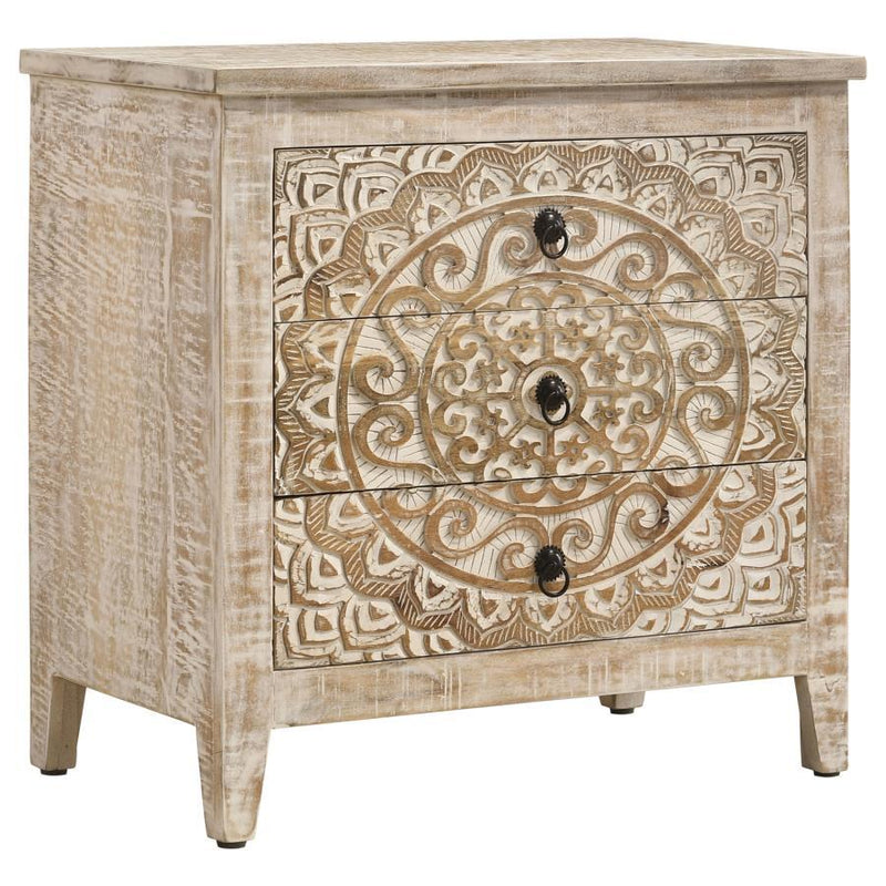 Mariska - 3-Drawer Wood Mandala Cabinet - Distressed White - JaxCo Furniture