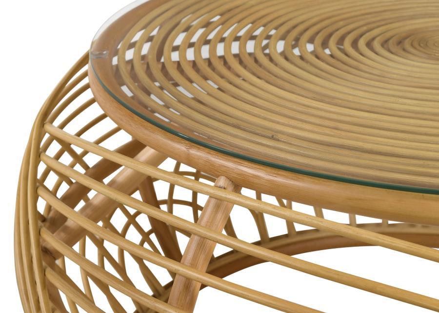 Dahlia - Round Glass Top Woven Rattan Coffee Table - Natural - JaxCo Furniture