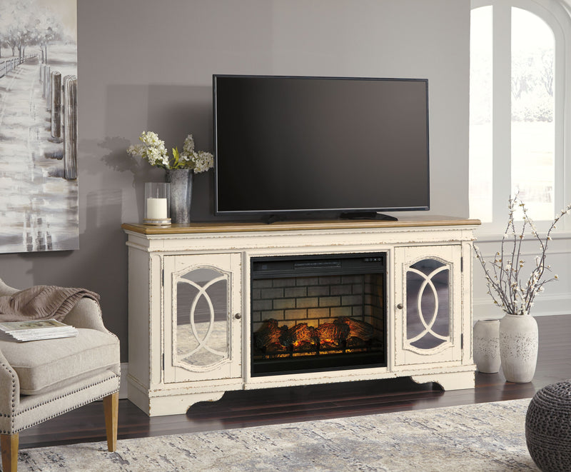 Realyn - Chipped White - 2 Pc. - 74" TV Stand with Electric Infrared Fireplace Insert - JaxCo Furniture