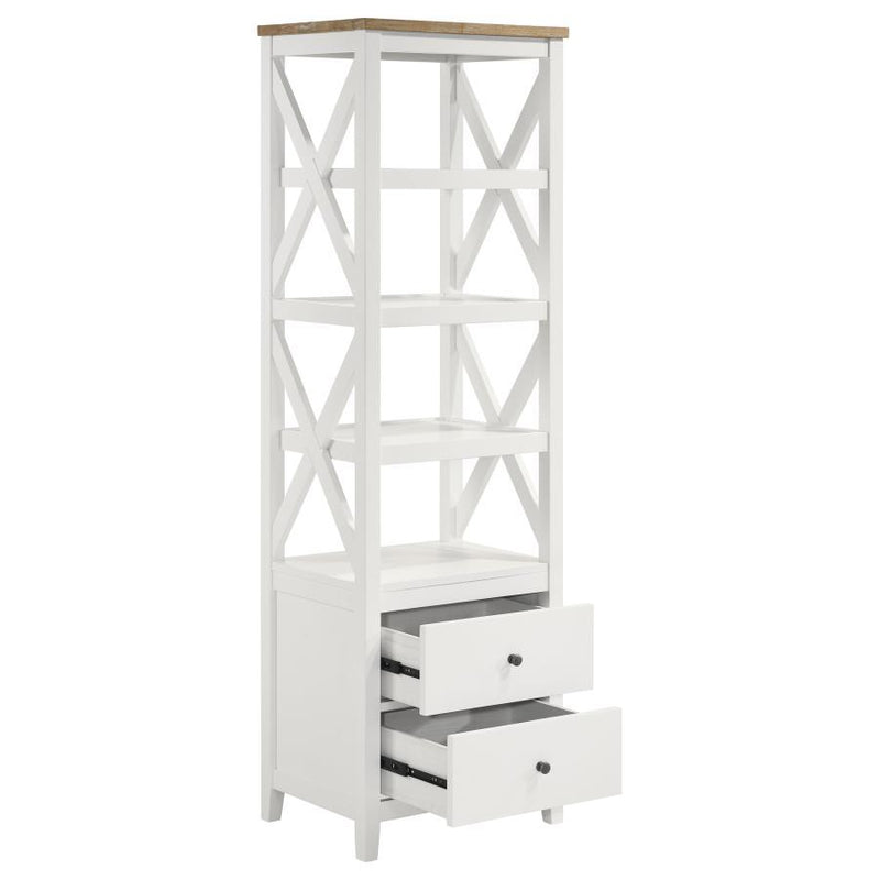 Hollis - 4-Shelf Wood Media Tower With Drawers - Brown And White - JaxCo Furniture