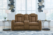 Wolfridge - Brindle - Power Reclining Loveseat With Console /Adj Hdrst - JaxCo Furniture