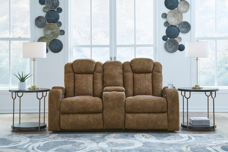 Wolfridge - Brindle - Power Reclining Loveseat With Console /Adj Hdrst - JaxCo Furniture