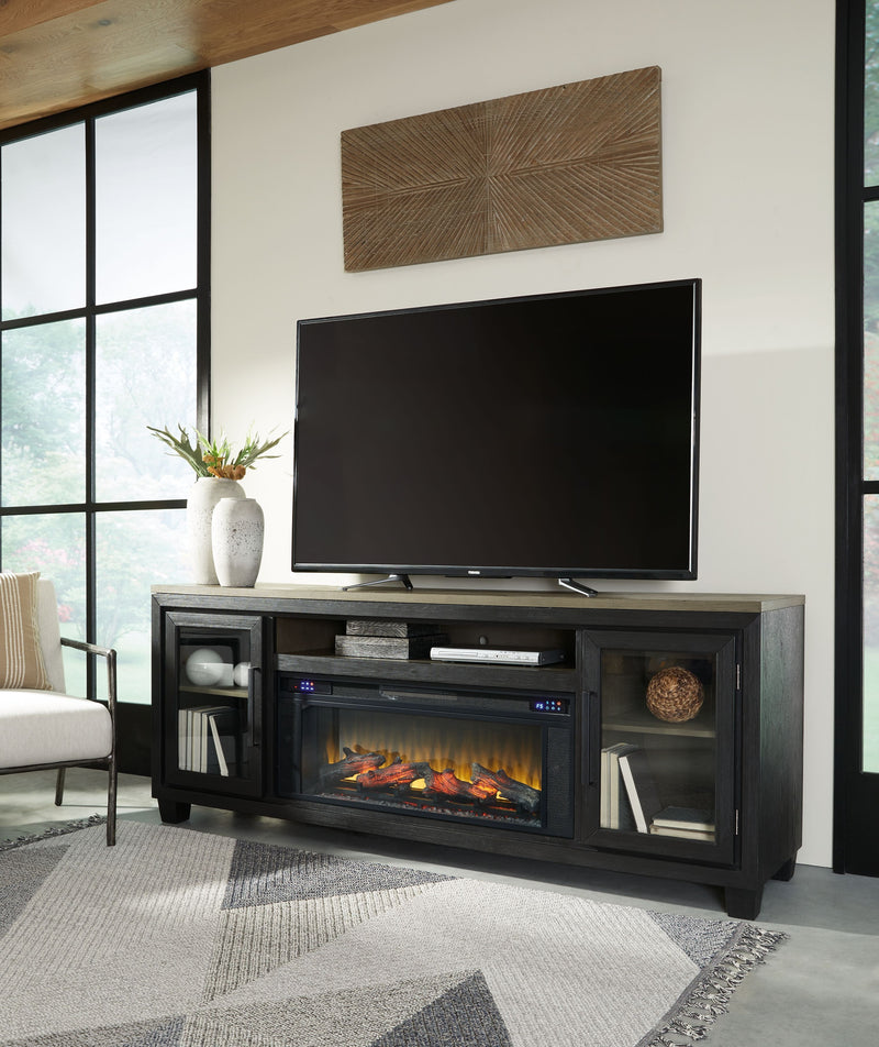 Foyland - Black / Brown - 83" TV Stand With Electric Infrared Fireplace Insert - JaxCo Furniture