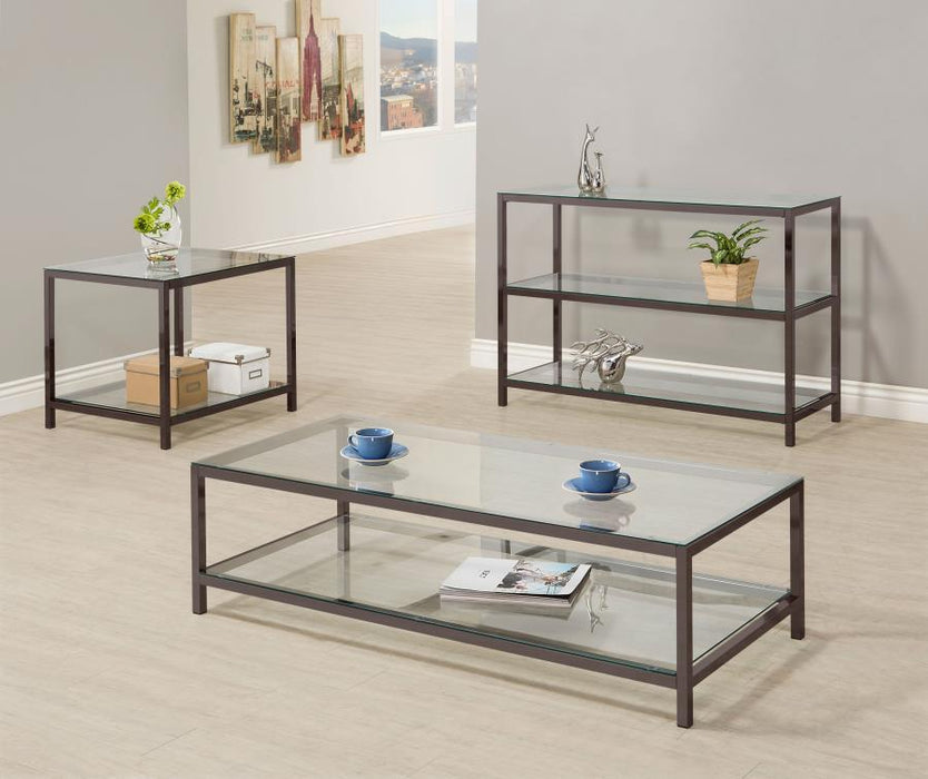 Trini - 1-Shelf Glass Top Coffee Table - Black Nickel - JaxCo Furniture