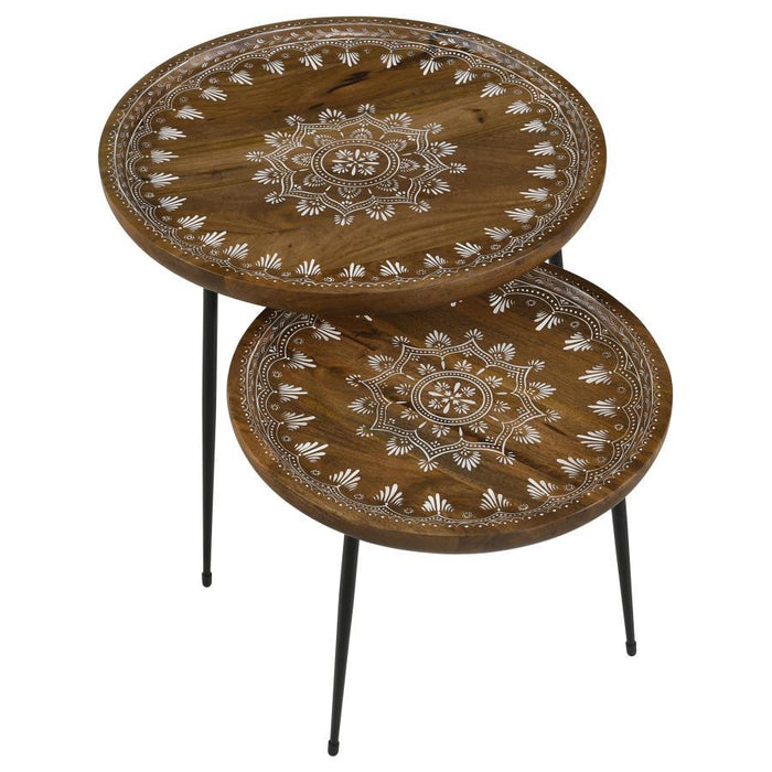 Nuala - 2 Piece Round Mango Wood Nesting Tables - Honey - JaxCo Furniture