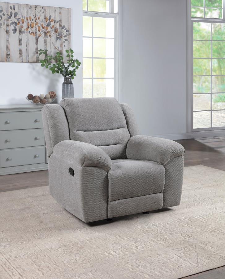 Gilson - Chenille Upholstered Reclining Glider Recliner - Gray - JaxCo Furniture