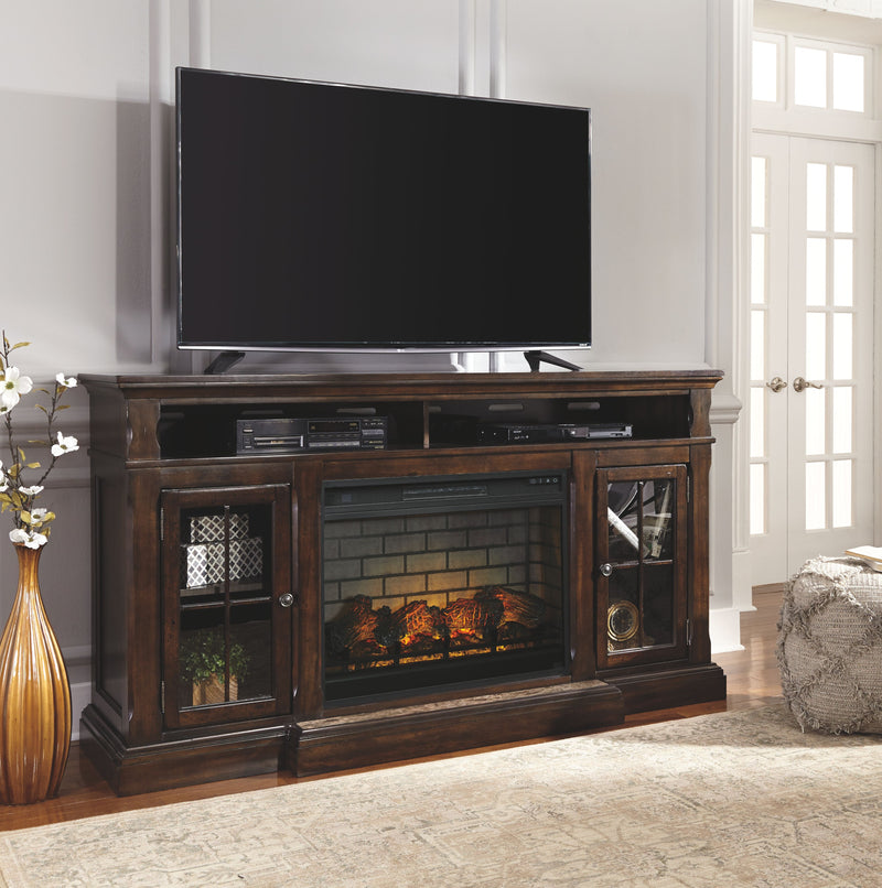 Roddinton - Dark Brown - 2 Pc. - 74" TV Stand with Electric Infrared Fireplace Insert - JaxCo Furniture