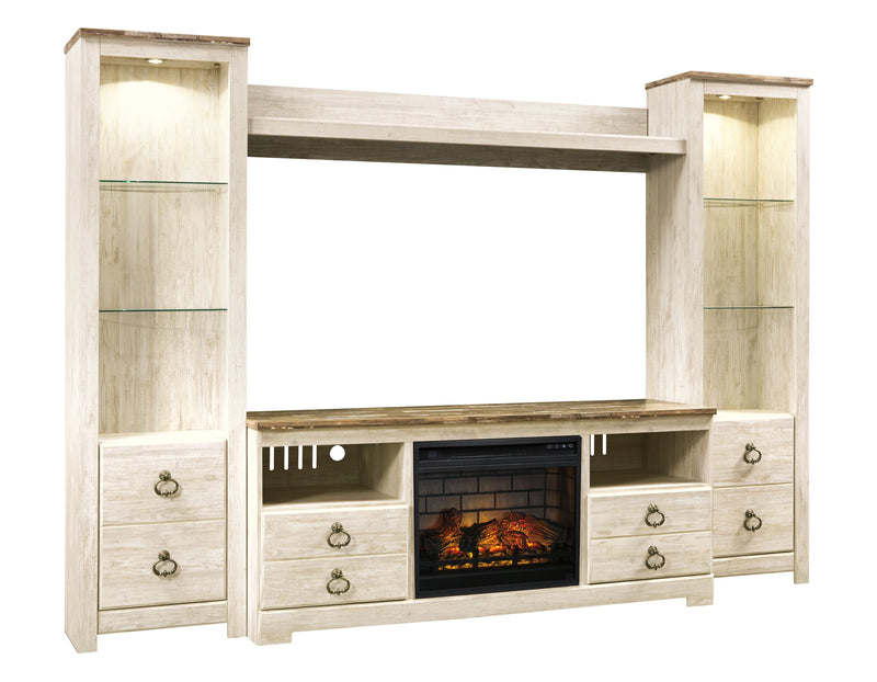 Willowton - Whitewash - Entertainment Center - TV Stand With Faux Firebrick Fireplace Insert - JaxCo Furniture