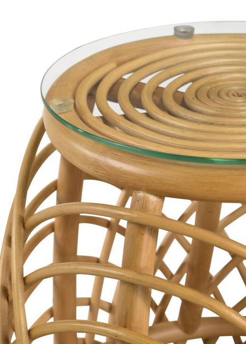 Dahlia - Round Glass Top Woven Rattan End Table - Natural - JaxCo Furniture