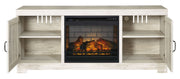Bellaby - Whitewash - 63" TV Stand With Faux Firebrick Fireplace Insert - JaxCo Furniture