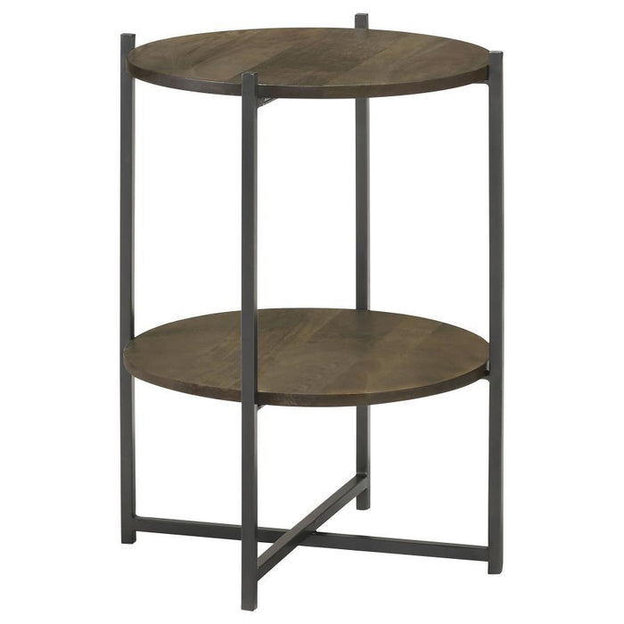 Axel - Round Accent Table With Open Shelf - Natural And Gunmetal - JaxCo Furniture