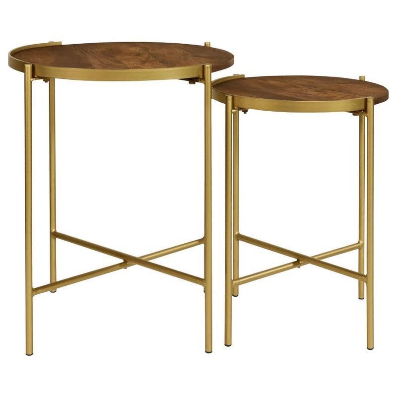 Malka - 2 Piece Round Wood Nesting Table - Dark Brown And Gold - JaxCo Furniture