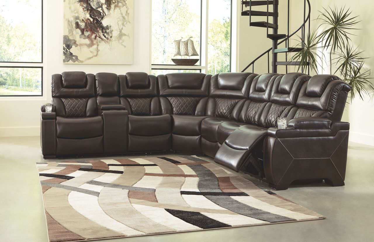 Warnerton Chocolate LAF Reclining Power Loveseat with Console, Wedge & RAF Reclining Power Sofa with Console Sectional